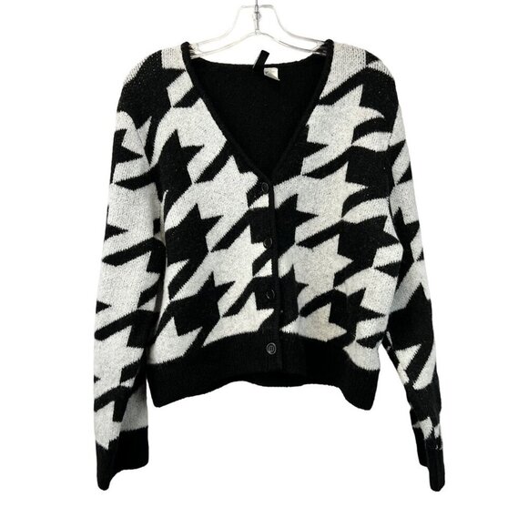 H&M Divided Women’s Button Up Cropped Long Sleeve Cardigan Black/White Medium - Picture 1 of 9